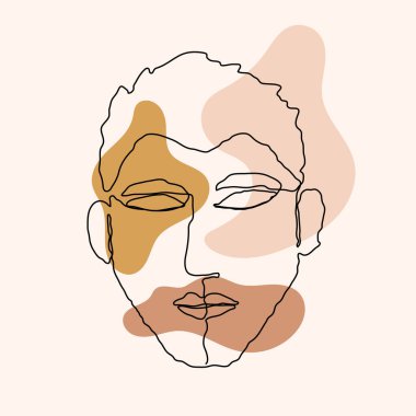 Poster çizgisi, yaprak suratlı adam. Tek sıra çizim tarzı. Tasarım kıyafetleri, kart, not defteri, poster için vektör illüstrasyonu