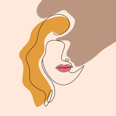 Poster kuyruğundaki yaprak suratlı kadın. Tek sıra çizim tarzı. Tasarım kıyafetleri, kart, not defteri, poster için vektör illüstrasyonu