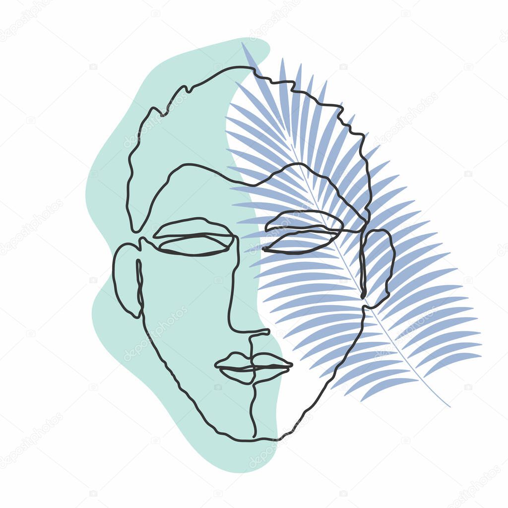 Poster line man face with leaf. One-line drawing style. Vector illustration for design clothes, card, notepad, poster