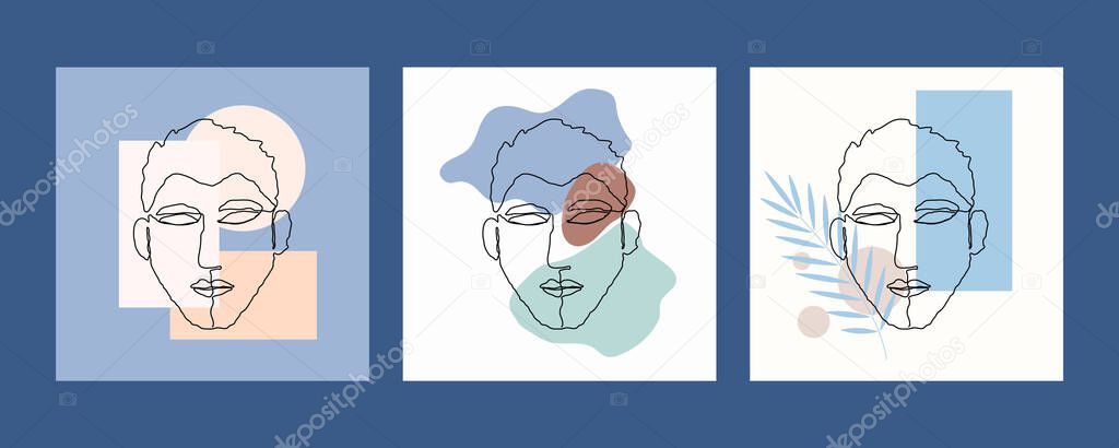 Poster line man face with leaf set. One-line drawing style. Vector illustration for design clothes, card, notepad, poster