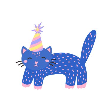 Vector illustration of a cheerful cat wearing a party hat. Perfect for birthday and celebration designs, stickers, clipart, festive projects, highlighting a playful and adorable pet.