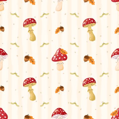 Vector seamless pattern with red fly agaric mushrooms, acorn and autumn leaves. Perfect for fall illustrations, textiles, wrapping paper, and cozy decorative projects.