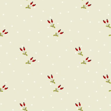 Vector seamless pattern red berries and delicate branches framed by decorative dotted. Elegant autumn design, perfect for textile, wrapping paper, wallpaper, and holiday-themed products.