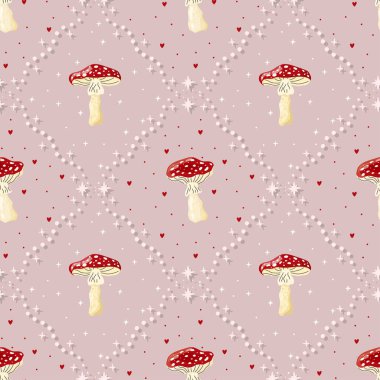 Vector seamless pattern with fly agaric mushrooms on a soft pastel background. Cute design, ideal for textiles, wrapping paper, wallpapers, and seasonal decorative projects.