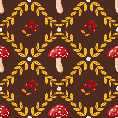 Kırmızı sineksi mantarlı ve sonbahar yapraklı vektörsüz desen. Mevsimlik orman tasarımı, sonbahar çizimleri, tekstil, ambalaj kağıdı ve hoş dekoratif projeler için mükemmel..