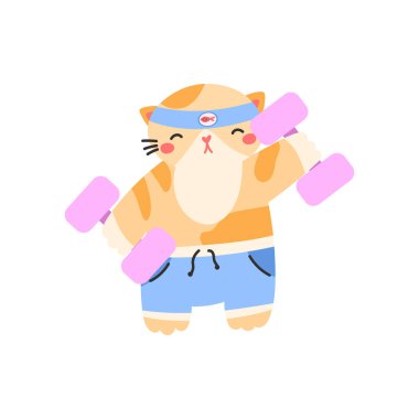 Vector illustration of a cat exercising with a dumbbell. Perfect for fitness or sporty designs, stickers, clipart, and health-themed projects.
