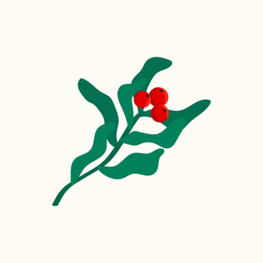Vector isolated winter berry branch and green leaves, elegant botanical design in a festive Christmas style. Perfect for greeting cards, wrapping paper, seasonal design.