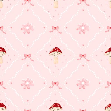 Sinek mantarı, çiçek, yumuşak pastel arka planda yay gibi pürüzsüz bir desen. Şirin tasarım, tekstil, ambalaj kağıdı, duvar kağıtları ve mevsimlik dekoratif projeler için ideal..