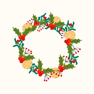 Köknar ve çam dalları, kurdele, yay, çan, böğürtlen ile vektör Noel çelengi sınırı. Davetiye kartları, posterler ve metin için alanı olan mevsimsel dekorasyon için klasik tatil çerçevesi.