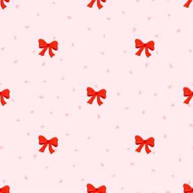 Kırmızı kurdeleli kusursuz desen, şirin klasik kurdele elementleri, kış, Noel veya doğum günü ambalajı ve süslemeleri için şenlikli ve zarif tasarım..