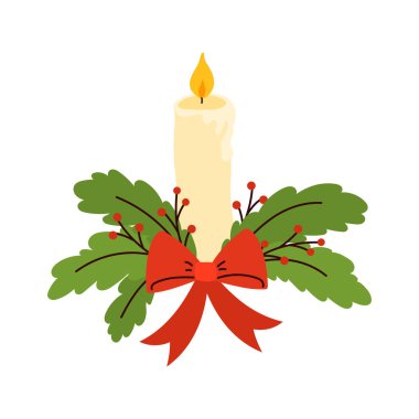 Alevli Noel mumu, yeşil dallar, kırmızı böğürtlenler ve bir fiyonk. Kış tebrik kartları ve yeni yıl tasarımı için bayram dekorasyonu unsuru.