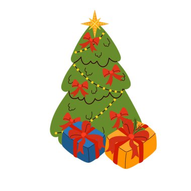 Hediye kutulu vektör Noel ağacı. Kartlar, çıkartmalar, ambalajlar ve tatil dekorasyonu için hoş bir illüstrasyon..