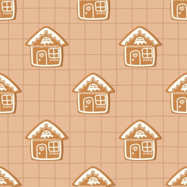 Bej şebeke arka planında zencefilli kurabiye evleri olan kusursuz vektör deseni. Noel ambalaj kağıdı, kumaş ve tatil ambalajı tasarımı için ideal.