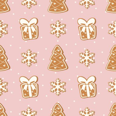 Noel ağaçları, kar taneleri ve hediye kutuları şeklinde, kağıt, kumaş ve şenlik ambalajı için uygun pembe arka planda zencefilli kurabiye şekilli kusursuz vektör deseni..