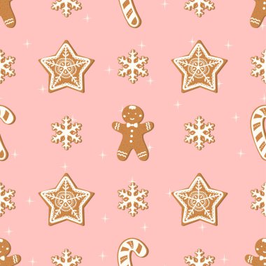 Pembe arka planda yıldız, kar tanesi, şeker kamışı ve zencefilli adam şeklinde zencefilli kurabiye şeklinde kusursuz vektör deseni. Noel ambalajı, kumaş ve şenlikli ambalaj için ideal..