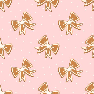 Pembe arka planda fiyonk şeklinde zencefilli kurabiyeli kusursuz vektör deseni, Noel ambalajı, kumaş, ambalaj ve şenlikli dekorasyon için uygun..