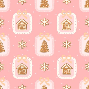 Noel ağacı, ev, kar tanesi şeklinde zencefilli kurabiyeli kusursuz vektör deseni. Noel ambalajı, kumaş ve şenlikli ambalaj için ideal..