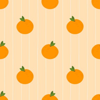 Sıcak bej çizgili arka planda portakallı pürüzsüz vektör deseni, ambalaj kağıdı, kumaş ve mevsimsel ambalaj için uygun..