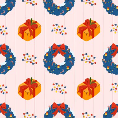 Kusursuz Noel çelenkleri hediye kutusu ve küçük noktalı pembe arka planda kutsal dallar. Paket kağıdı, kumaş ve şenlikli ambalaj için ideal..