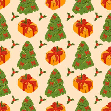 Süslü Noel ağaçları, hediye kutuları ve pembe arka planda şeker kamışları ile kusursuz vektör deseni, ambalaj kağıdı, kumaş ve tatil ambalajı için uygun..