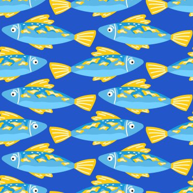 Koyu mavi arka planda mavi ve sarı balıklı kusursuz desen. Parlak deniz tasarımı tekstil, ambalaj ve yaz dekorasyonu için mükemmeldir..
