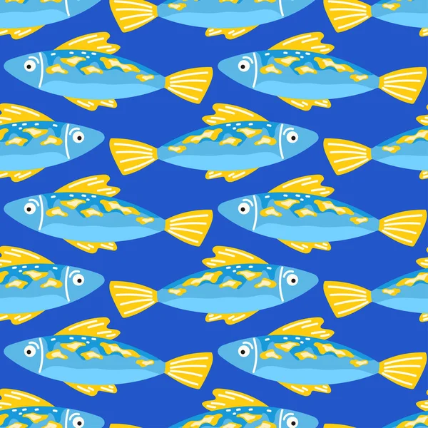 Koyu mavi arka planda mavi ve sarı balıklı kusursuz desen. Parlak deniz tasarımı tekstil, ambalaj ve yaz dekorasyonu için mükemmeldir..