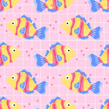 Pembe arka planda tropikal balık ve mercan desenleri var. Çocuk tekstil ürünleri, ambalaj kağıtları ve yaz plaj temaları için eğlenceli bir tasarım..