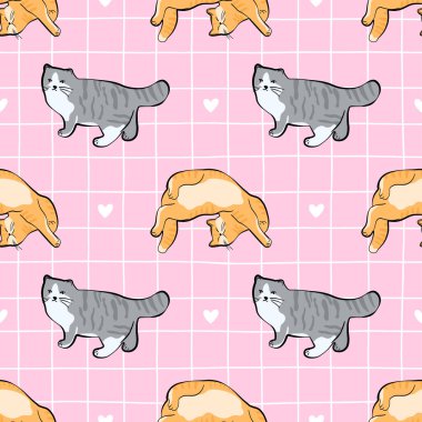 Kusursuz şekilli şirin kedi farklı pozlarda, kalbi pembe pamuklu kumaş arkaplanda. Kırtasiye, kumaş, ambalaj ve evcil hayvan temalı tasarımlar için ideal.