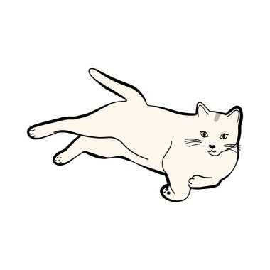 Uyuyan sevimli kedi yalan söylüyor. Çizgi film kedisi. Çıkartmalar, kırtasiye malzemeleri, baskılar ve hayvan temalı tasarımlar için mükemmel..