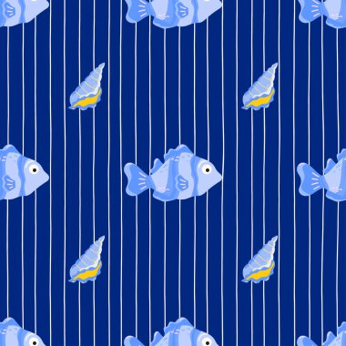 Seamless pattern with tropical fish and coral on blue background. Playful underwater design for kids textiles, wrapping paper, and summer beach themes.