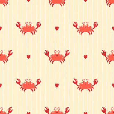 Tatlı kırmızı yengeçler, deniz kabukları ve mercanlarla mükemmel bir desen. Eğlenceli okyanus temalı tasarım çocuklar için tekstil, ambalaj kağıdı ve yaz dekorasyonu için mükemmel..