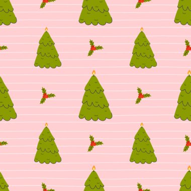 Yumuşak pembe çizgili mum ağaçları ve kutsal aksanlı kusursuz Noel deseni. Tatil ambalajı, tekstil, kırtasiye, kış dekorasyonu ve mevsimlik projeler için ideal.