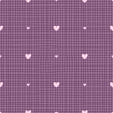 Kareli leylak arka planında romantik minik kalpler olan kusursuz bir desen. Sevgililer günü kartları, sevimli kırtasiye malzemeleri, ambalaj ve kadınsı dekoratif tasarım için mükemmel..