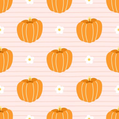 Tatlı turuncu kabaklı, yumuşak çizgili ve çiçekli balkabağı mumu desenli. Samimi sonbahar dekorasyonu, Cadılar Bayramı, Şükran Günü, ambalaj kağıdı ve mevsimlik tasarımlar için mükemmel..