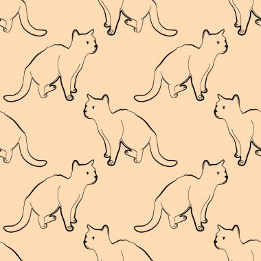 Pürüzsüz desenli kaprisli kedi bej arka planda temiz bir çizgide poz veriyor. Kırtasiye, kumaş, ambalaj ve evcil hayvan temalı tasarımlar için ideal.