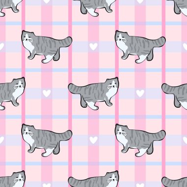 Farklı pozlarda kedi ve kusursuz desen. Kırtasiye, kumaş, ambalaj ve evcil hayvan temalı tasarımlar için ideal.