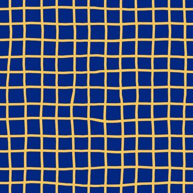 Lacivert arka planda düzensiz sarı ızgaralı vektörsüz desen. Modern soyut geometrik tasarım, tekstil, ambalaj kağıdı, duvar kağıdı ve dijital arkaplan için mükemmel..