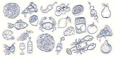 Akdeniz yemekleri, deniz ürünleri, meyve, sebze, peynir ve pizza ile çizilmiş. Hepsi de temiz, kalın bir çizgi ile çizilmiş. Paketleme, menüler, markalaşma ve tarif çizimleri için mükemmel.