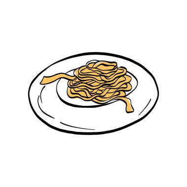 İtalyan makarnası klasik şekillerde spagetti, makarna, fettucine, tagliatelle, temiz taslak şeklinde çizilmiş. Menüler, ambalaj, markalaşma ve tarif çizimleri için ideal.