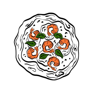 Karides ve fesleğenli Akdeniz pizza illüstrasyonu. Yemek temalı tasarımlar için temiz çizilmiş. Basit ve cesur bir grafik menüler, ambalaj ve markalaşma için mükemmel.