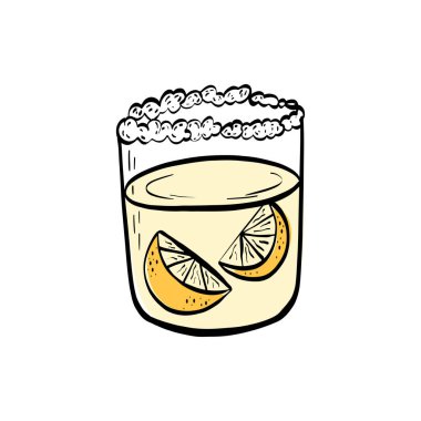 Sarı narenciye notlu el yapımı limoncello bardağı. İtalyan titreşimleri, kokteyl grafikleri, restoran menüleri ve Akdeniz mutfak baskıları için harika..