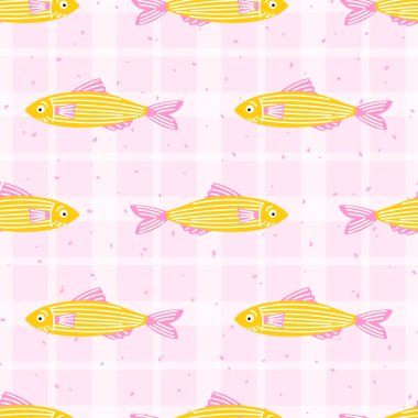 Pembe arka planda tropikal balık ve mercan desenleri var. Çocuk tekstil ürünleri, ambalaj kağıtları ve yaz plaj temaları için eğlenceli bir tasarım..