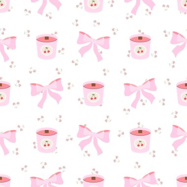 Kiraz kavanozları, küçük kiraz elementleri ve yumuşak pembe bg içeren kusursuz desenler. Sevgililer Günü ürünleri, kırtasiye ve ambalaj için ideal.