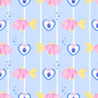 Şirin pembe balıklı kusursuz vektör deseni ve açık mavi baloncuklu kalp şeklindeki kolyeler. Yaz tekstil ürünleri, duvar kağıtları ve ambalaj kağıtları için mükemmel bir deniz tasarımı..