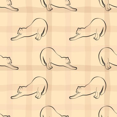 Pürüzsüz desenli kaprisli kedi bej arka planda temiz bir çizgide poz veriyor. Kırtasiye, kumaş, ambalaj ve evcil hayvan temalı tasarımlar için ideal.