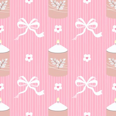 Yumuşak pembe arka planda mum, kalp, çiçek gibi pürüzsüz desenler. Sevgililer Günü dekor, kırtasiye ve ambalaj için ideal.