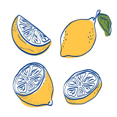 Taze yemek ve yaz temalı tasarımlar için temiz ve kalın çizgili meyve ve dilimlenmiş parçalarla limon çizimi seti. Paketleme, çıkartma ve tarif grafikleri için mükemmel.