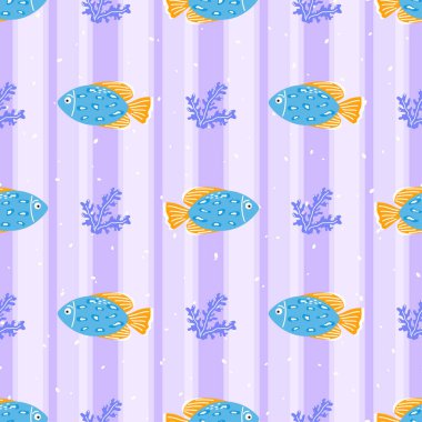 Leylak arka planında tropikal balık ve mercan desenleri var. Çocuk tekstil ürünleri, ambalaj kağıtları ve yaz plaj temaları için eğlenceli bir tasarım..