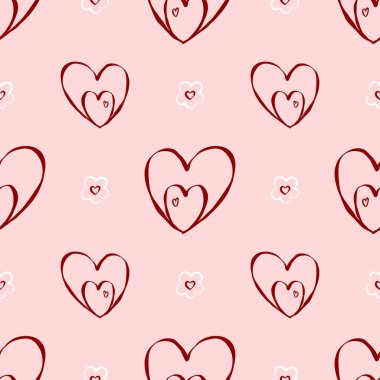 Tatlı, pürüzsüz bir desen, romantik kalpler ve yumuşak pembe arka planda küçük çiçek aksanları, sevgililer günü kartları için mükemmel, sevimli kırtasiye, ambalaj ve kadınsı dekoratif tasarım..