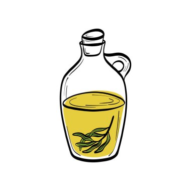 Temiz hatları ve doğal Akdeniz yemekleri olan zeytinyağı şişesi çizimi. Organik ambalaj, etiket tasarımı, gurme malzeme görsel ve sağlıklı yemek temaları için ideal.